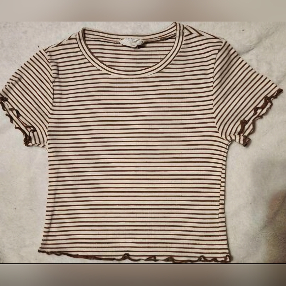Juniors XXS Live in the Moment Brown and White Striped Short Sleeve Crop Top